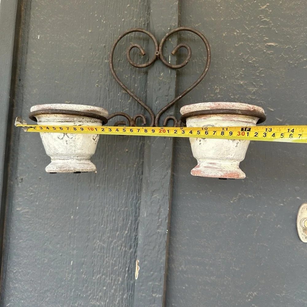 Vintage Iron Double Plant Wall Holder Flower Pot Planter Rustic Heart Scroll